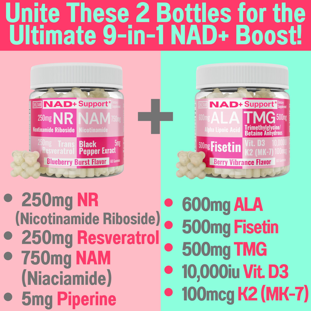 SHIZAM TMG Betaine Alpha Lipoic Acid ALA D3 Fisetin Gummies, Tri-Methylglycine trimethylglycine R-Alpha NAD+ Plus + HCL Supplements, Mitochondrial Senolytic Activator, NR Capsules Powder 600mg 1000mg SHIZAMBuy Supplements Australia