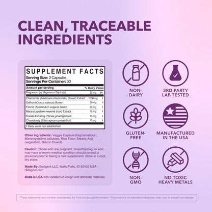 Bioligent Menopause Support Supplement for Women, Hot Flash, Sleep, Mood & Focus Support, Hormone-Free with Maca, Ginseng, Chamomile & Saffron, Non-GMO, 60 Capsules, 30 Day Supply BIOLIGENTBuy Supplements Australia