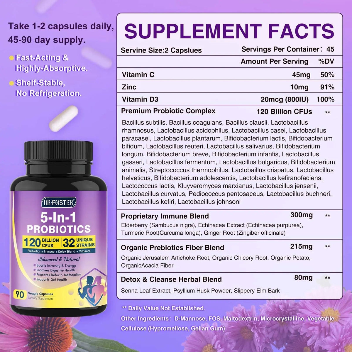 Probiotics for Women & Men Digestive Health，120 Billion CFUs, Prebiotics and Probiotics for Gut Health, D3, Zinc & Immune Support Herbs, Detox Cleanse, 45 Day - 3 Month Supply DRFOSTER buy supplements Au
