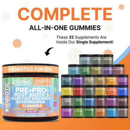 Clean Nutra Kids Probiotics Gummies with Prebiotics, Postbiotics, Digestive Enzymes, Akkermansia, Boswellia Serrata, Turmeric, Chicory – 60 Count – Plant-Based Supplement for Kids – PeachPop Flavor Clean NutraceuticalsBuy Supplements Australia