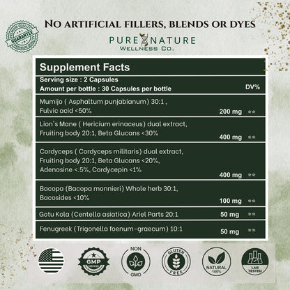 Focus + Energy + Performance Support-6-in-1 Mushroom Nootropic & Mitochondrial Complex-Advanced Brain Supplement-Natural Energy-Caffeine Free Biohack with Lion’s Mane,Cordyceps,Mumijo,Fenugreek Pure Nature Wellness Co.Buy Supplements Australia