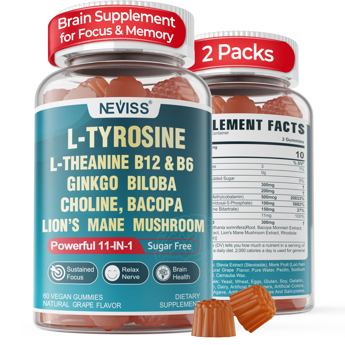 11-IN-1 Brain Supplement for Memory and Focus with L-Tyrosine L-Theanine, Methylated B12 & B6, Lion's Mane Mushroom, Ginkgo Biloba, Bacopa Monnieri, Choline for Focus, Nootropic, Energy, 2Packs NEVISSBuy Supplements Australia