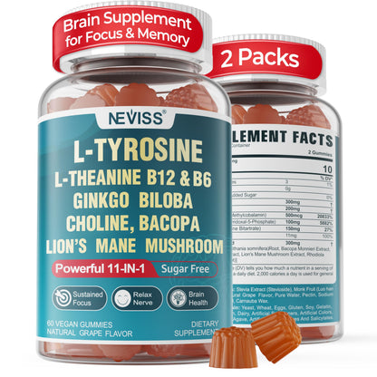11-IN-1 Brain Supplement for Memory and Focus with L-Tyrosine L-Theanine, Methylated B12 & B6, Lion's Mane Mushroom, Ginkgo Biloba, Bacopa Monnieri, Choline for Focus, Nootropic, Energy, 2Packs NEVISSBuy Supplements Australia