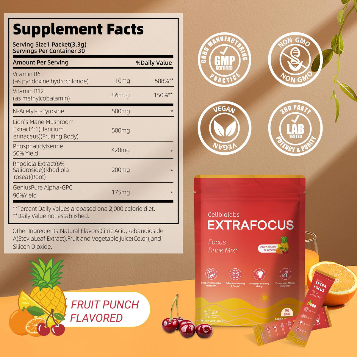 Nootropic Extra Focus Drink Mix, 30 Packs On-The-Go Sticks, Featuring Alpha-GPC, Lion's Mane & Rhodiola, Sugar-Free Packets Fruit Punch Clean Drink Mix CellbiolabsBuy Supplements Australia