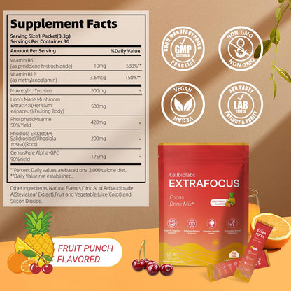 Nootropic Extra Focus Drink Mix, 30 Packs On-The-Go Sticks, Featuring Alpha-GPC, Lion's Mane & Rhodiola, Sugar-Free Packets Fruit Punch Clean Drink Mix CellbiolabsBuy Supplements Australia