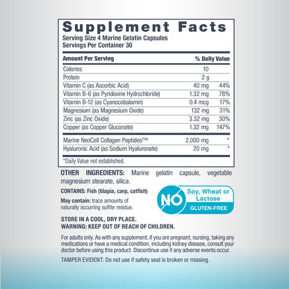 NeoCell Marine Collagen Peptides Capsules | 120 Pills | with Hyaluronic Acid | Plus Vitamin C | for Women and Men