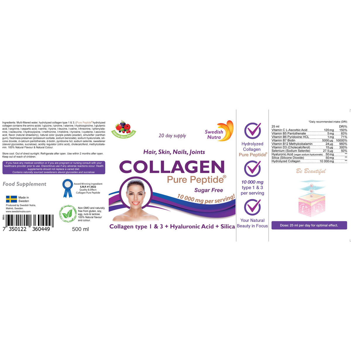 Swedish Nutra Liquid Bovine Collagen - Pack of 500ml, 20 Day Supply | Sugar Free Berry Flavour Swedish NutraBuy Supplements Australia