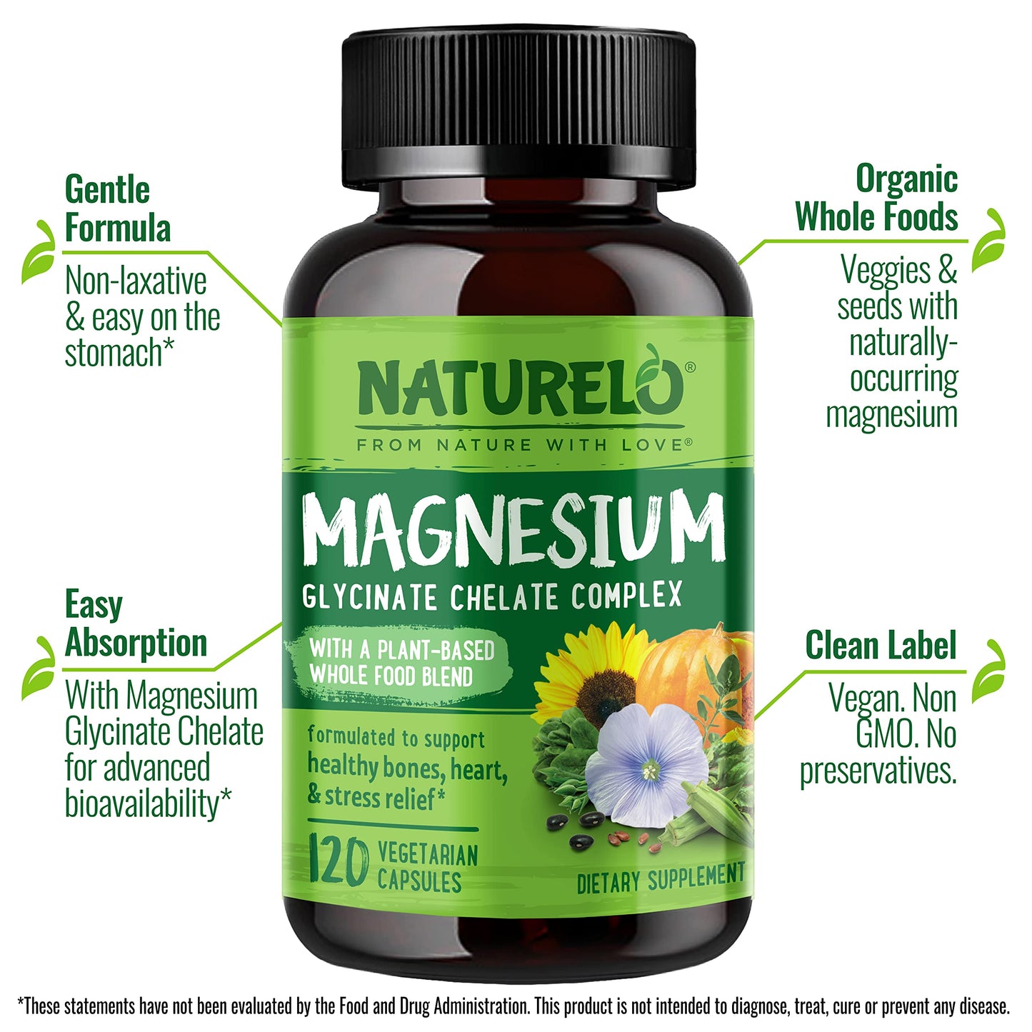 NATURELO Magnesium Glycinate Chelate Complex - 200 mg Magnesium with Organic Vegetables to Support Sleep, Calm, Muscle Cramp & Stress Relief - Gluten Free, Non GMO - 120 Capsules NATURELOBuy Supplements Australia