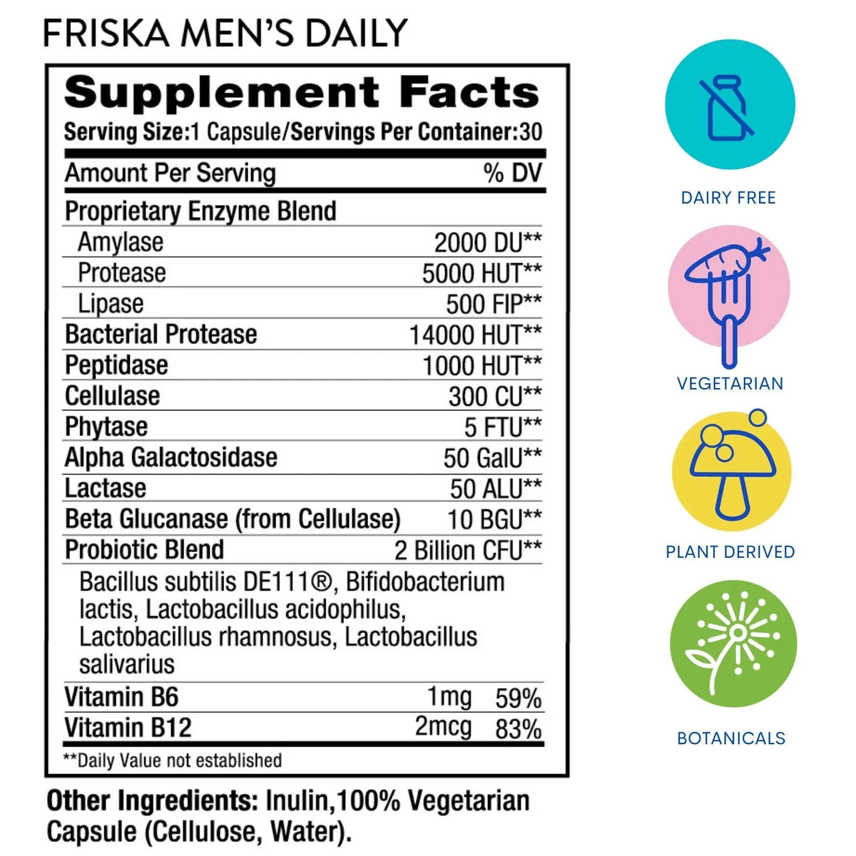 Friska Daily Digestive Enzymes with Probiotics for Men - Helps Break Down Protein, Fat & Carbs, Reduces Bloating & Gas, with Vitamins B6 & B12, 30 Capsules FR!SKABuy Supplements Australia