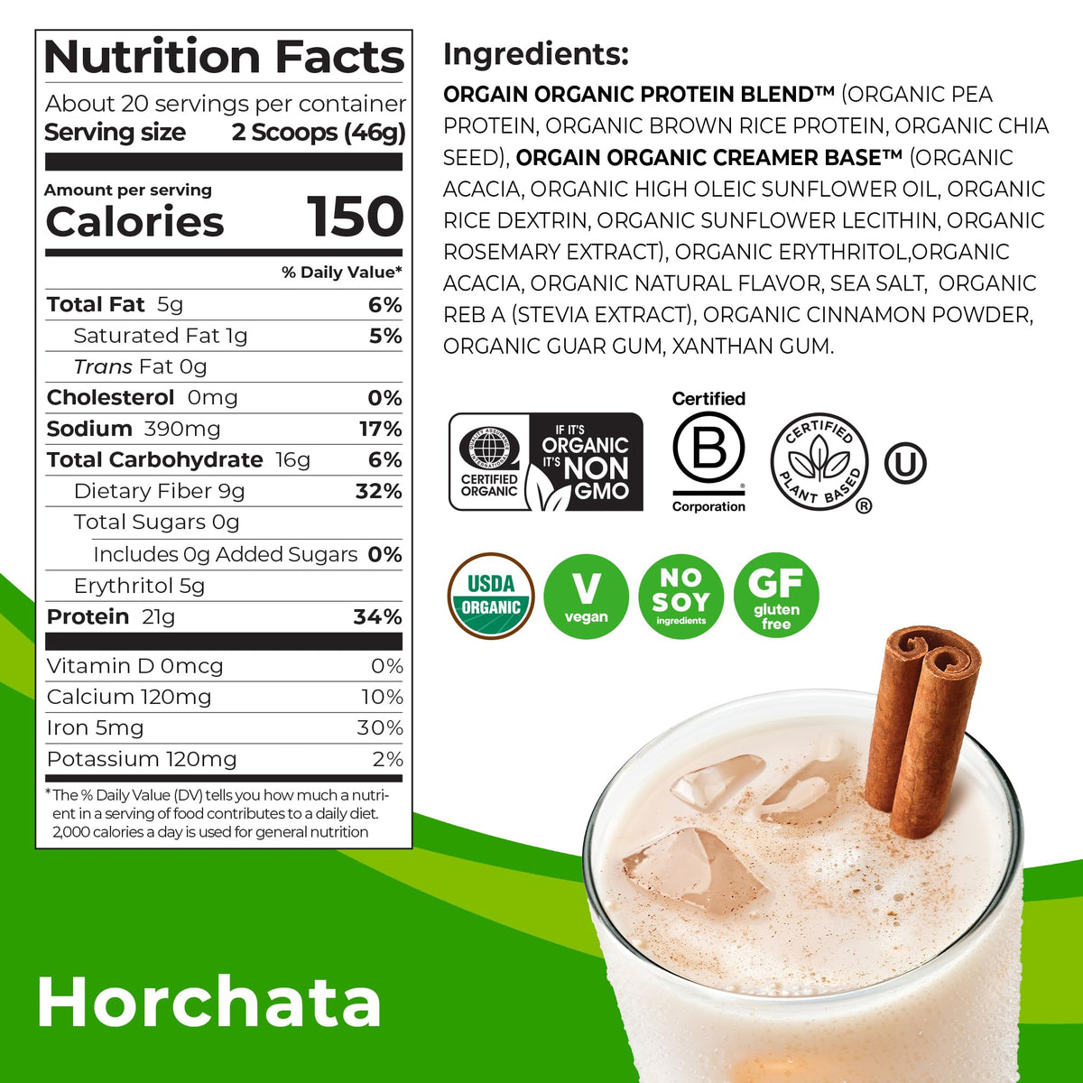 Orgain Organic Vegan Protein Powder, Horchata - 21g of Plant Based Protein, Low Net OrgainBuy Supplements Australia