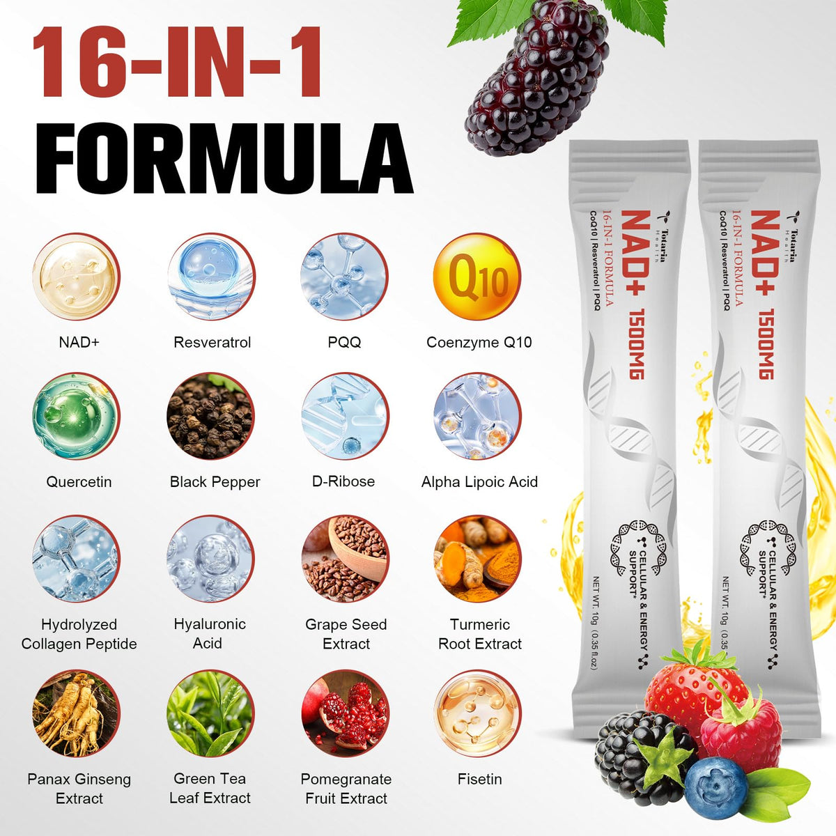 Totaria NAD Liquid Supplement 1500mg for Men & Women, Extra Strength NAD+, Resveratrol, PQQ, CoQ10, 16-in-1 Formula with Nicotinamide Riboside for Anti Aging, Energy, Immune, Focus (30 Packets) TotariaBuy Supplements Australia