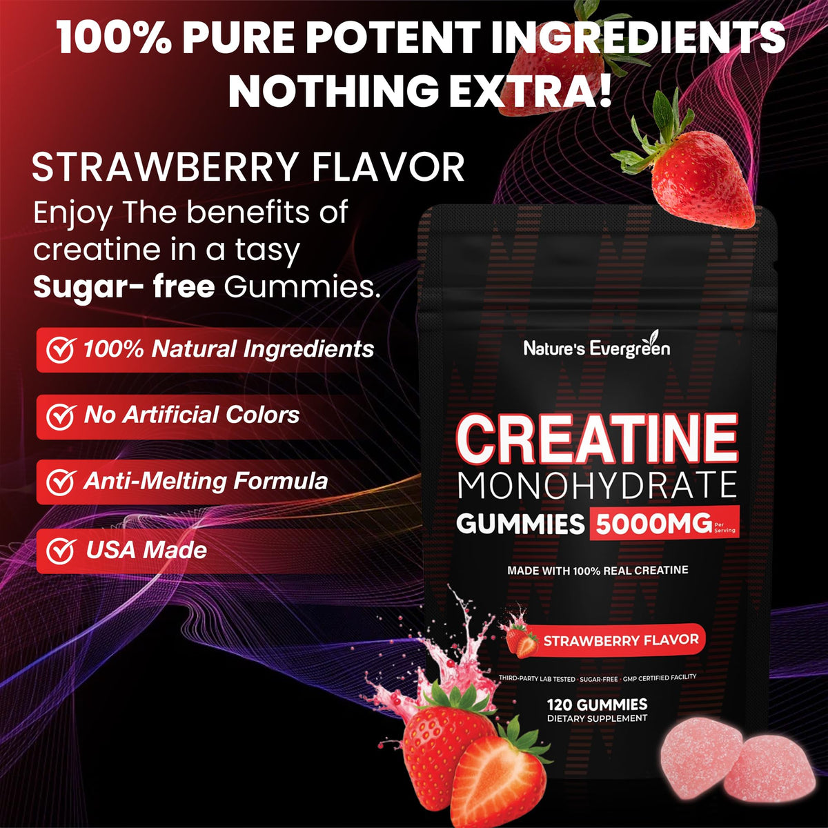 Creatine Monohydrate 5000mg Gummies, Pre-Workout 5g Creatine Gummy Supplement for Men & Women: Muscle Builder & Energy Boost, Sugar Free, Vegan, Strawberry Flavor, (120 Count) Made in USA Nature's EvergreenBuy Supplements Australia