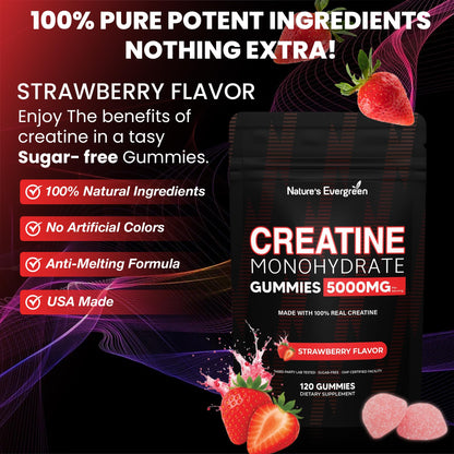 Creatine Monohydrate 5000mg Gummies, Pre-Workout 5g Creatine Gummy Supplement for Men & Women: Muscle Builder & Energy Boost, Sugar Free, Vegan, Strawberry Flavor, (120 Count) Made in USA Nature's EvergreenBuy Supplements Australia