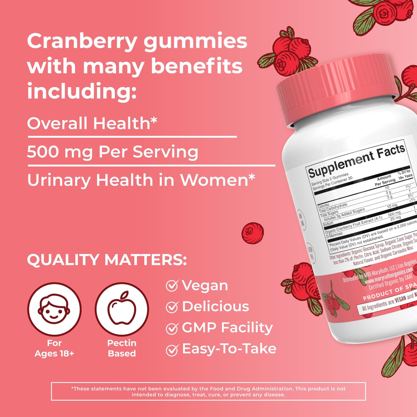 MaryRuth Organics Organic Cranberry Gummies - 500mg Supplement | Urinary Tract Health for Women | with D Mannose | Traditional Use MARYRUTH'S canada supplements
