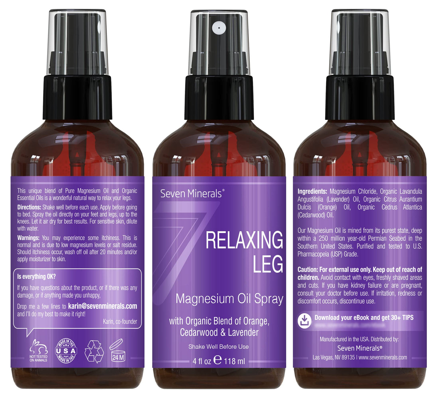 Seven Minerals Relaxing Leg Magnesium Spray, Powerful Blend of Essential Oils (Orange, Cedarwood, & Lavender), that Calms Legs Naturally. 4 fl oz, Seven MineralsBuy Supplements Australia