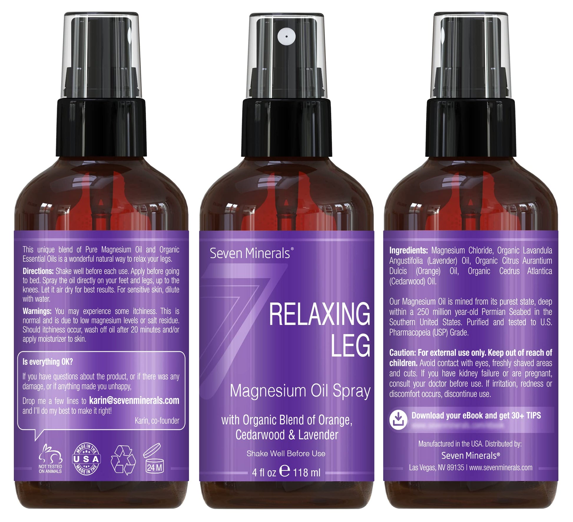 Seven Minerals Relaxing Leg Magnesium Spray, Powerful Blend of Essential Oils (Orange, Cedarwood, & Lavender), that Calms Legs Naturally. 4 fl oz, Seven MineralsBuy Supplements Australia