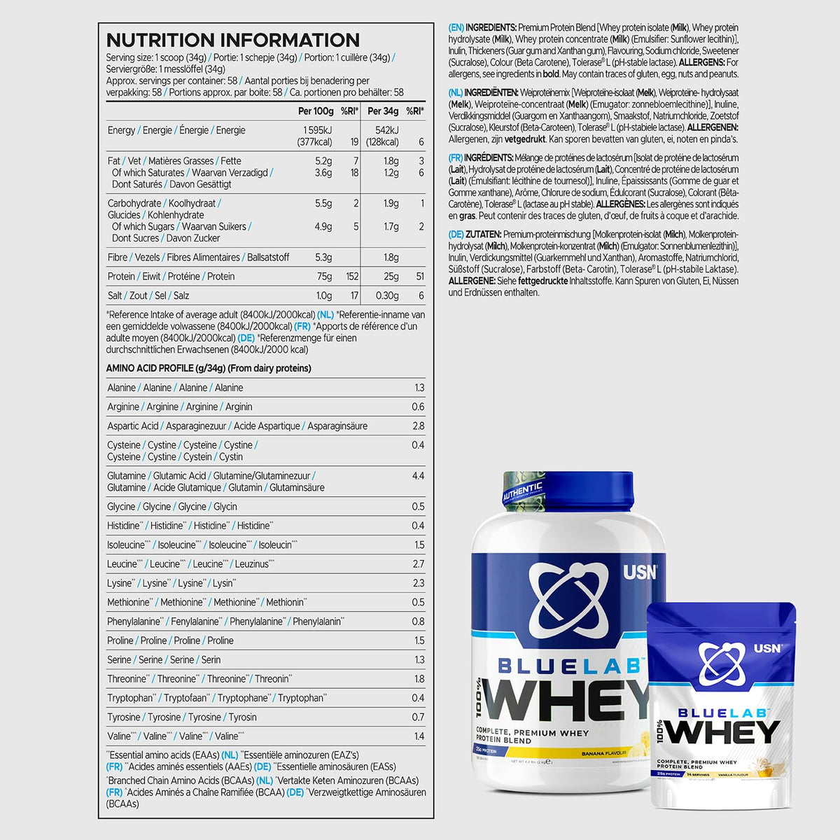 USN Blue Lab Whey Protein Powder: Banana - Whey Protein 2kg - Post-Workout USNBuy Supplements Australia