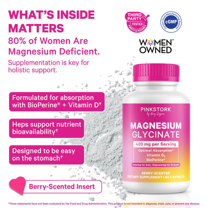 Pink Stork Magnesium Glycinate with Vitamin D - Magnesium Supplement for Women to Support Natural Calm, Mood, and Sleep - Hormone Balance for Women - 60 Capsules, Berry Essence, 1 Month Supply Pink StorkBuy Supplements Australia