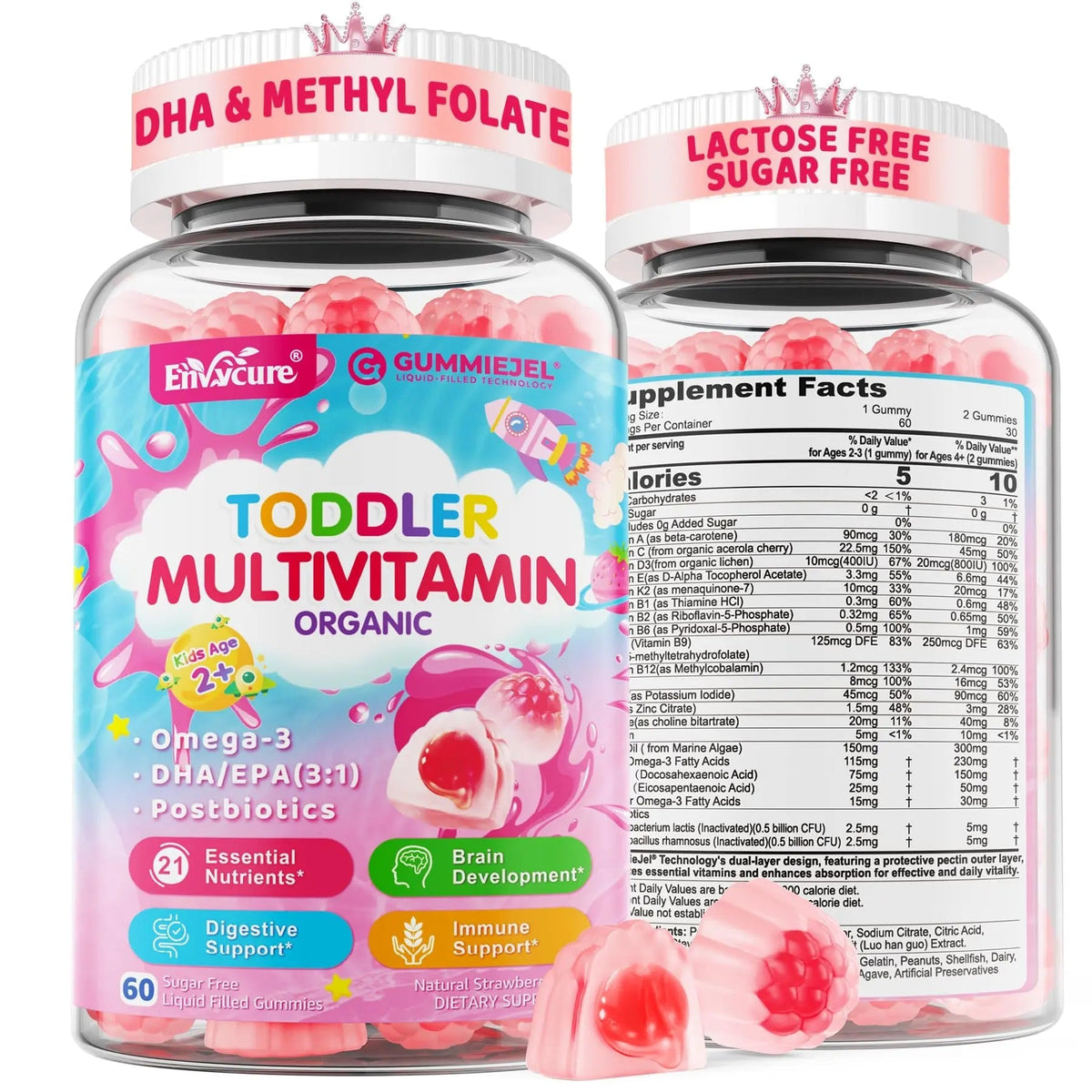 Organic Toddler Multivitamin Gummies + Omega-3 (DHA/EPA), Postbiotics | kids 2+ multivitamin | Vitamins A C D3 Methyl B12 Folate Zinc EnvyCure