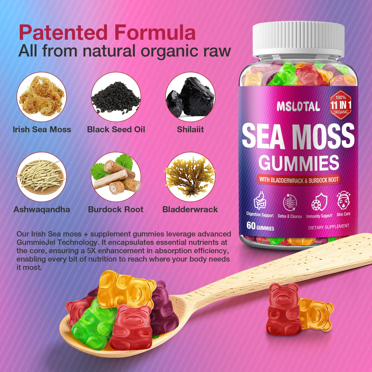 MSLOTAL Irish Sea Moss Gummies with Black Seed Oil, Ashwagandha Bladderwrack and Burdock Root, Organic Sea Moss Gummies for Women and Men with Shilajit, Immune Support, Vegan, 120 Gummies Totalss MSLOTALBuy Supplements Australia
