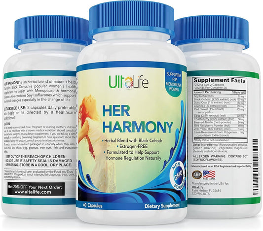 UltaLife Her Harmony Menopause Supplements for Women - Hot Flashes Menopause Relief & Hormone Balance for Women - Contains Black Cohosh, Dong Quai, Red Clover & More - Estrogen Free - 120 Capsules ULTALIFEBuy Supplements Australia