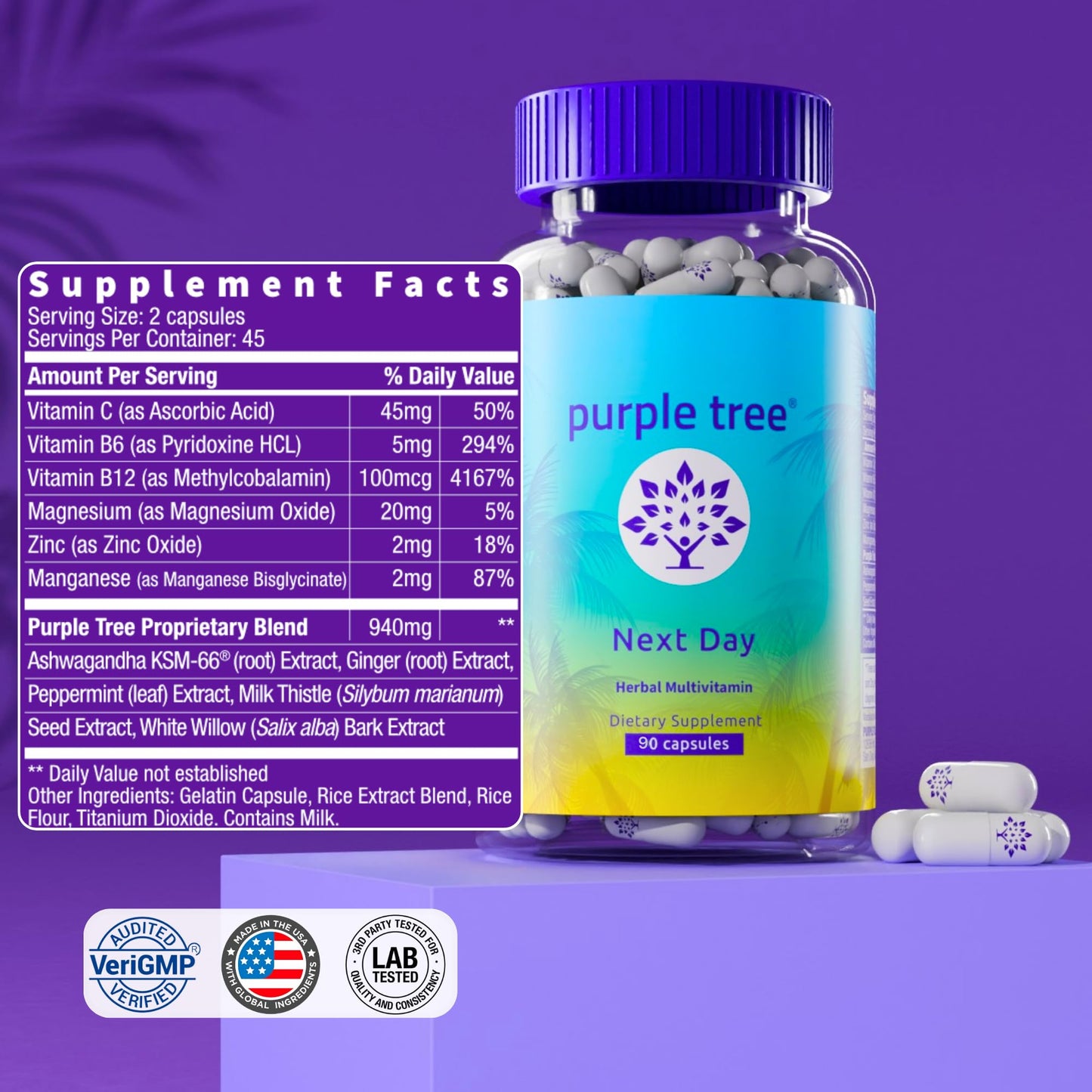 purple tree Next Day – Post-Drink Morning Wellness Supplement for Balance, Restore & Replenishment | Ashwagandha KSM-66, Milk Thistle, Ginger, Peppermint, Electrolytes & Vitamins | 90 Capsules purple treeBuy Supplements Australia