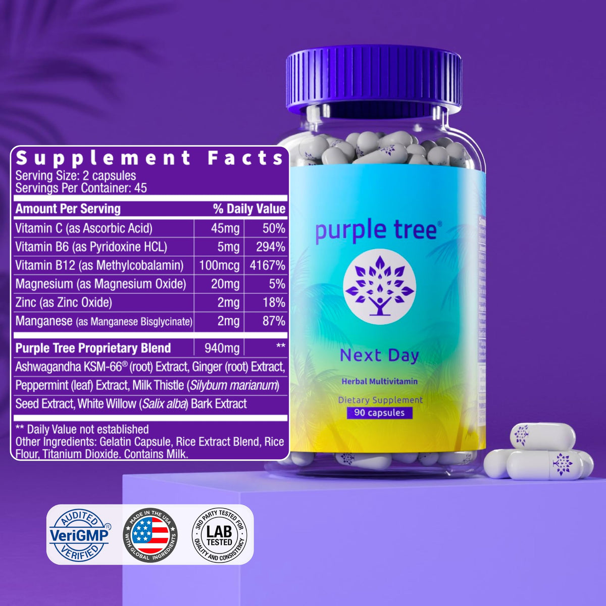 purple tree Next Day – Post-Drink Morning Wellness Supplement for Balance, Restore & Replenishment | Ashwagandha KSM-66, Milk Thistle, Ginger, Peppermint, Electrolytes & Vitamins | 90 Capsules purple treeBuy Supplements Australia