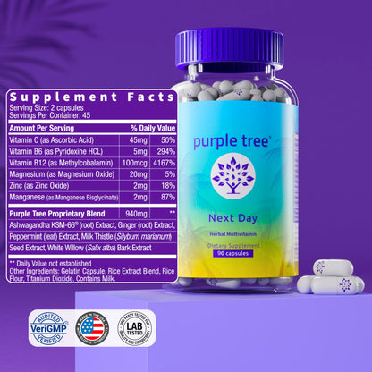 purple tree Next Day – Post-Drink Morning Wellness Supplement for Balance, Restore & Replenishment | Ashwagandha KSM-66, Milk Thistle, Ginger, Peppermint, Electrolytes & Vitamins | 90 Capsules purple treeBuy Supplements Australia