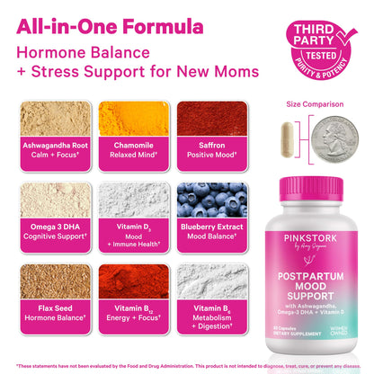 Pink Stork Postpartum Mood Support - Postnatal Hormone Balance for Women - Breastfeeding Friendly - Stress & Cognitive Support, New Mom Essentials - Ashwagandha, Chamomile, & Vitamin D, 60 Capsules Pink StorkBuy Supplements Australia
