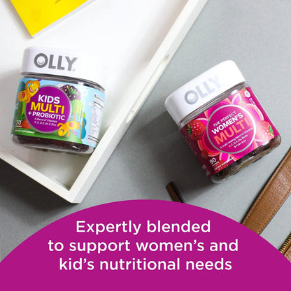 OLLY Gift, Family 2 Pack: Women's Multivitamin Gummy (90 Count), Kids Multivitamin + Probiotic Gummy (70 Count), Vitamins A, D, C, E, B, Chewable Supplement OLLY