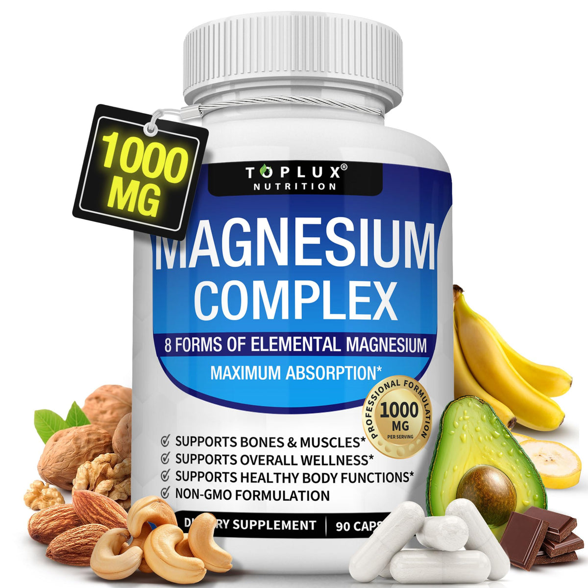 Mori Roots Magnesium Complex supplement bottle with health benefits listed, surrounded by fruits and nuts.