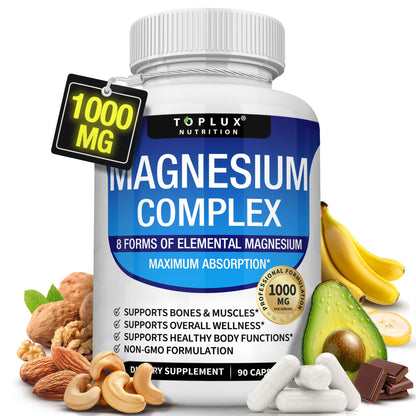Mori Roots Magnesium Complex supplement bottle with health benefits listed, surrounded by fruits and nuts.