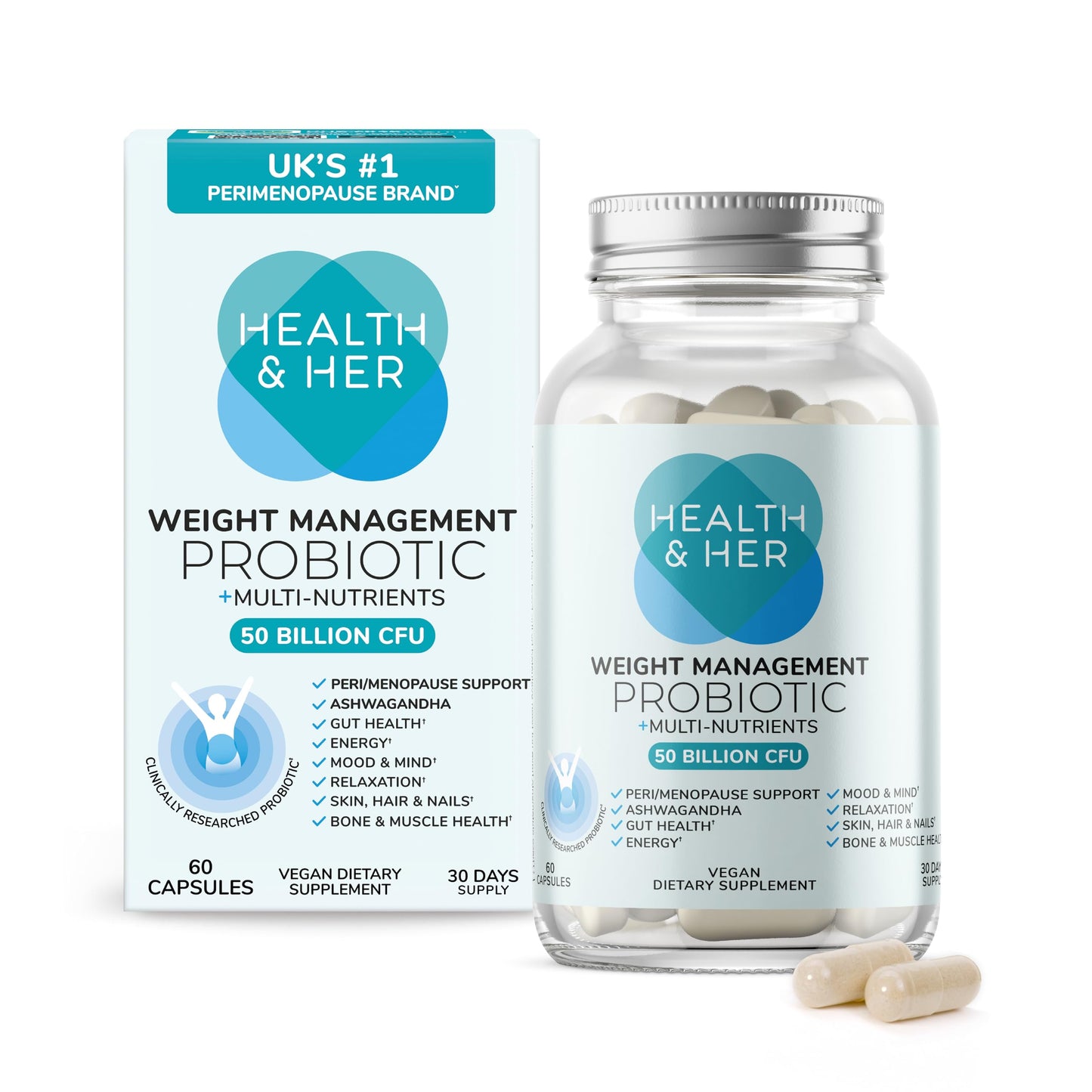 Health & Her Weight Management Probiotics for Women - Perimenopause & Menopause Supplement - Clinically Studied 50bn CFU Probiotics to Support Gut Health, Energy, Mood & Mind, Vegan (60 ct - 1 Month) Health and HerBuy Supplements Australia