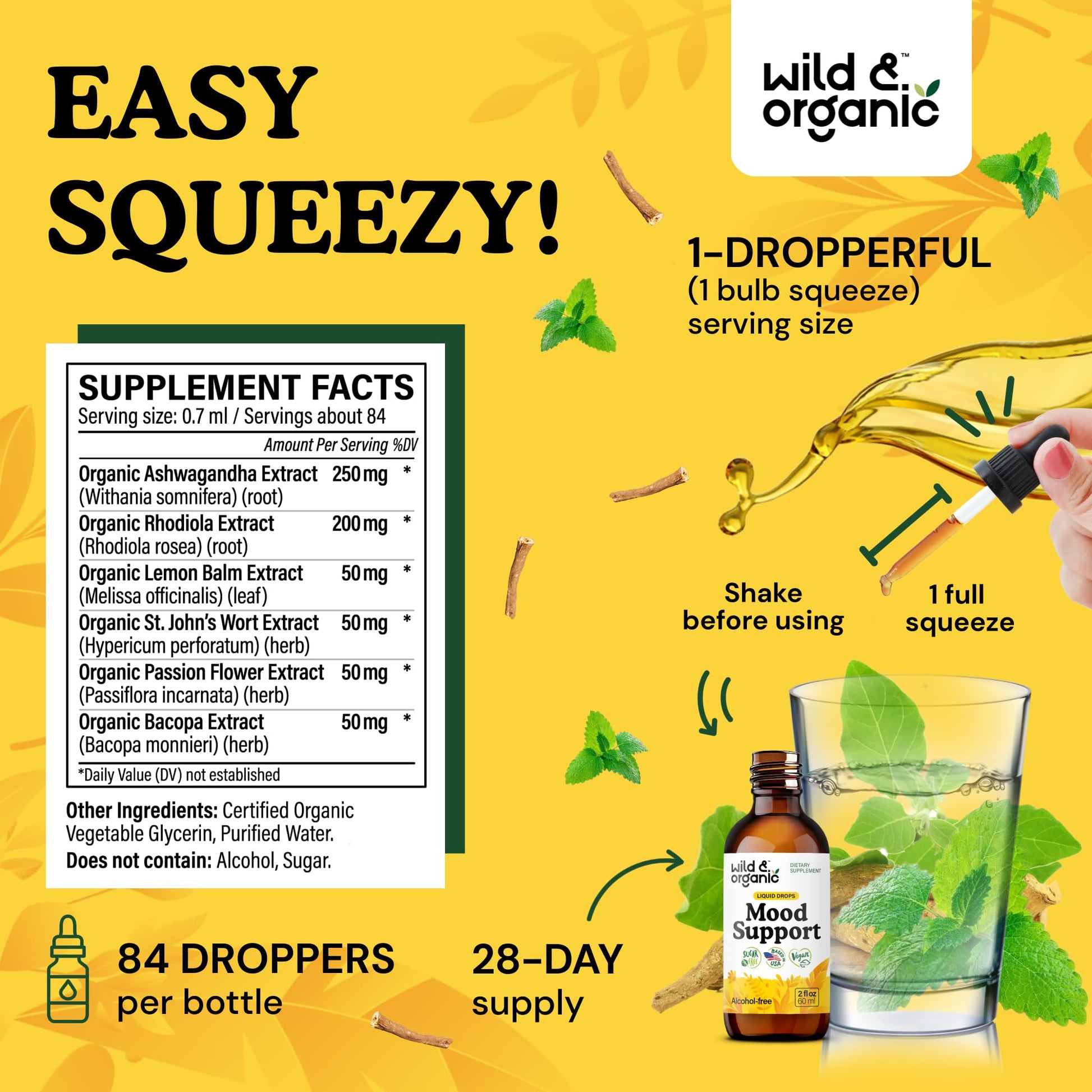 Wild & Organic Mood Support Drops - Good Mood Supplements w/Ashwagandha Root & Rhodiola Rosea - Natural Liquid Drops for Positive Energy - Calm and Relax Supplements for Women and Men - 2 oz Wild & Organic buy supplements Au