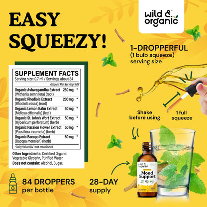Wild & Organic Mood Support Drops - Good Mood Supplements w/Ashwagandha Root & Rhodiola Rosea - Natural Liquid Drops for Positive Energy - Calm and Relax Supplements for Women and Men - 2 oz Wild & Organic buy supplements Au