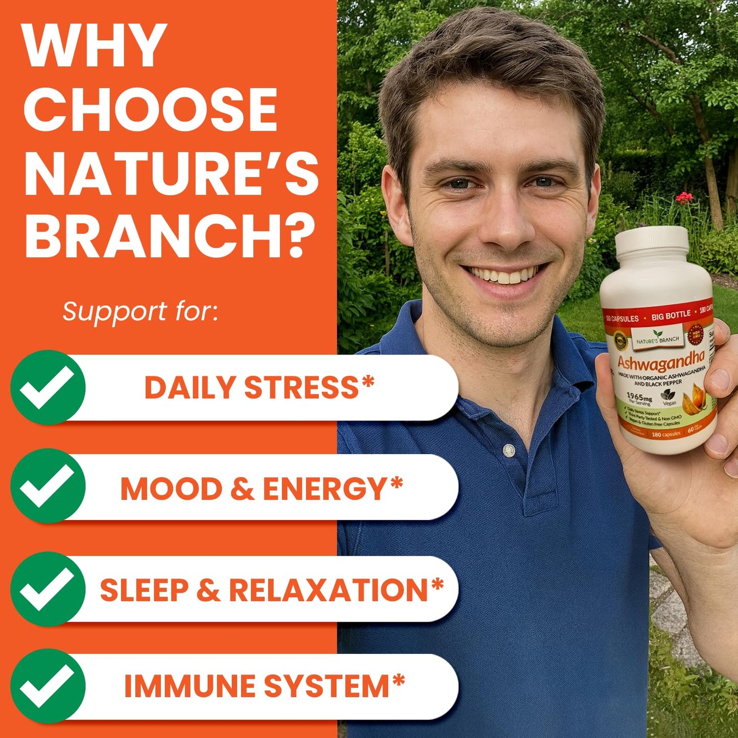 UDAF Certified Organic Ashwagandha with Black Pepper, 1965mg - Extra Strength for Stress, Sleep, Mood, Thyroid, Energy, Hair, Vegan Pure Root Extract Powder Supplement for Men and Women | 180 Capsules NATURE'S BRANCHBuy Supplements Australia