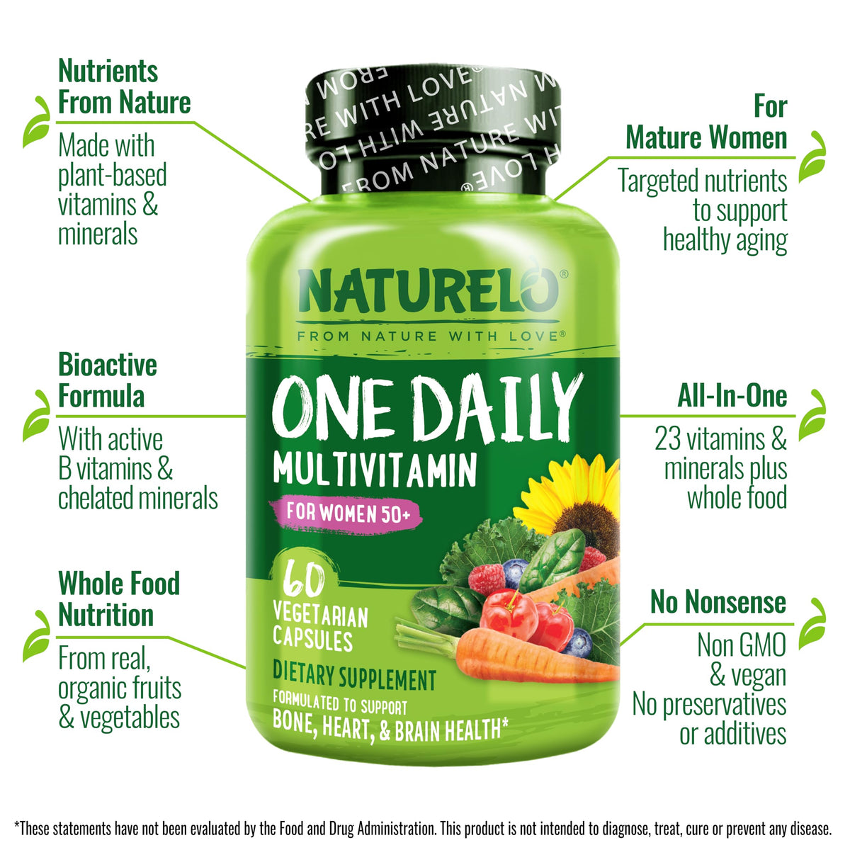 NATURELO One Daily Multivitamin for Women 50+ (Iron Free) - Menopause Support for Women Over 50 - Whole Food Supplement - Non-GMO - No Soy - 60 Capsules - 2 Month Supply NATURELOBuy Supplements Australia