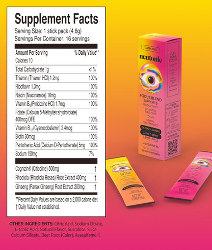 Neutonic Nootropic Focus Blend Powder | Peach Mango & Wild Berry 4 Sticks | Caffeine Free, Zero Sugar | Support Memory, Mental Clarity, Cognitive Function | Boost Focus, Energy, Brain Health NeutonicBuy Supplements Australia