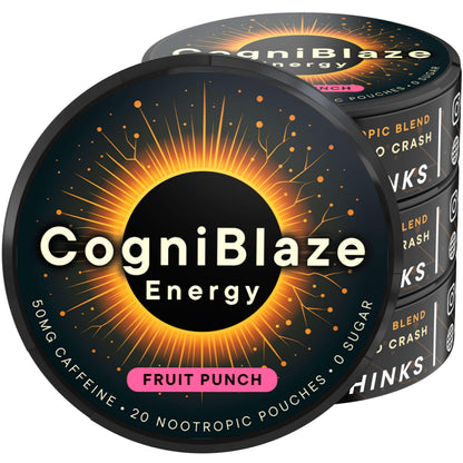 CogniBlaze Caffeine Pouches (Fruit Punch) | Nootropic Energy Pouches with 50mg Caffeine, Alpha GPC, L-Tyrosine & L-Theanine | Zero Sugar | No Artificial Sweeteners | 4 Pack (80 Total) CogniBlazeBuy Supplements Australia
