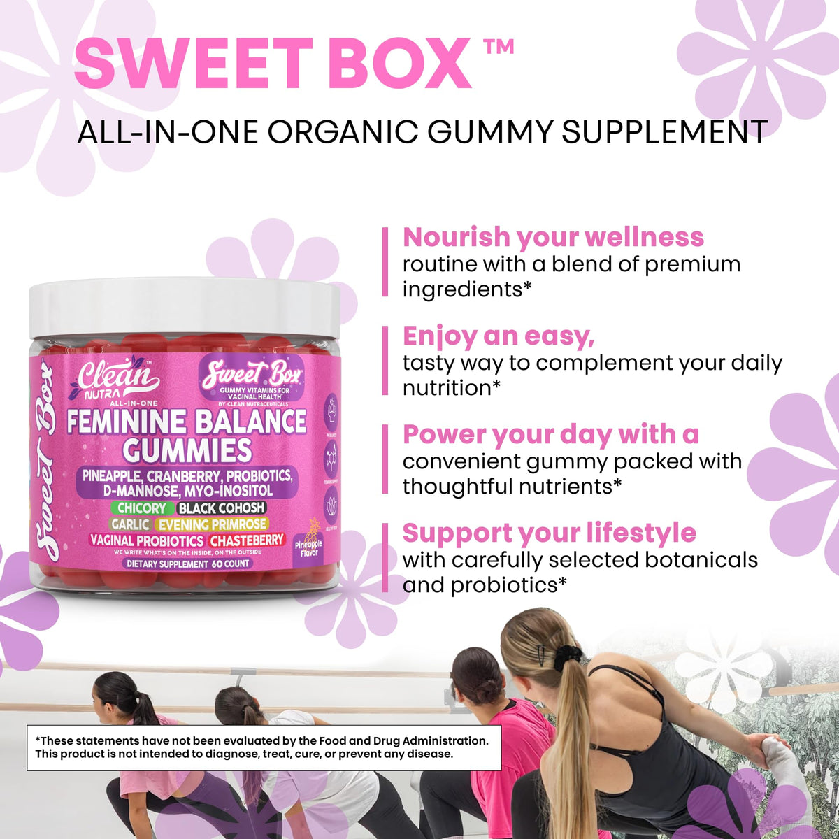 Clean Nutra Feminine Balance Gummies for Women Pineapple VaginalProbiotics pH Balance Cranberry D Mannose Supplement Inositol Black Cohosh Evening Primrose Garlic Vitex GLA Prebiotics Folate 60ct Clean NutraceuticalsBuy Supplements Australia