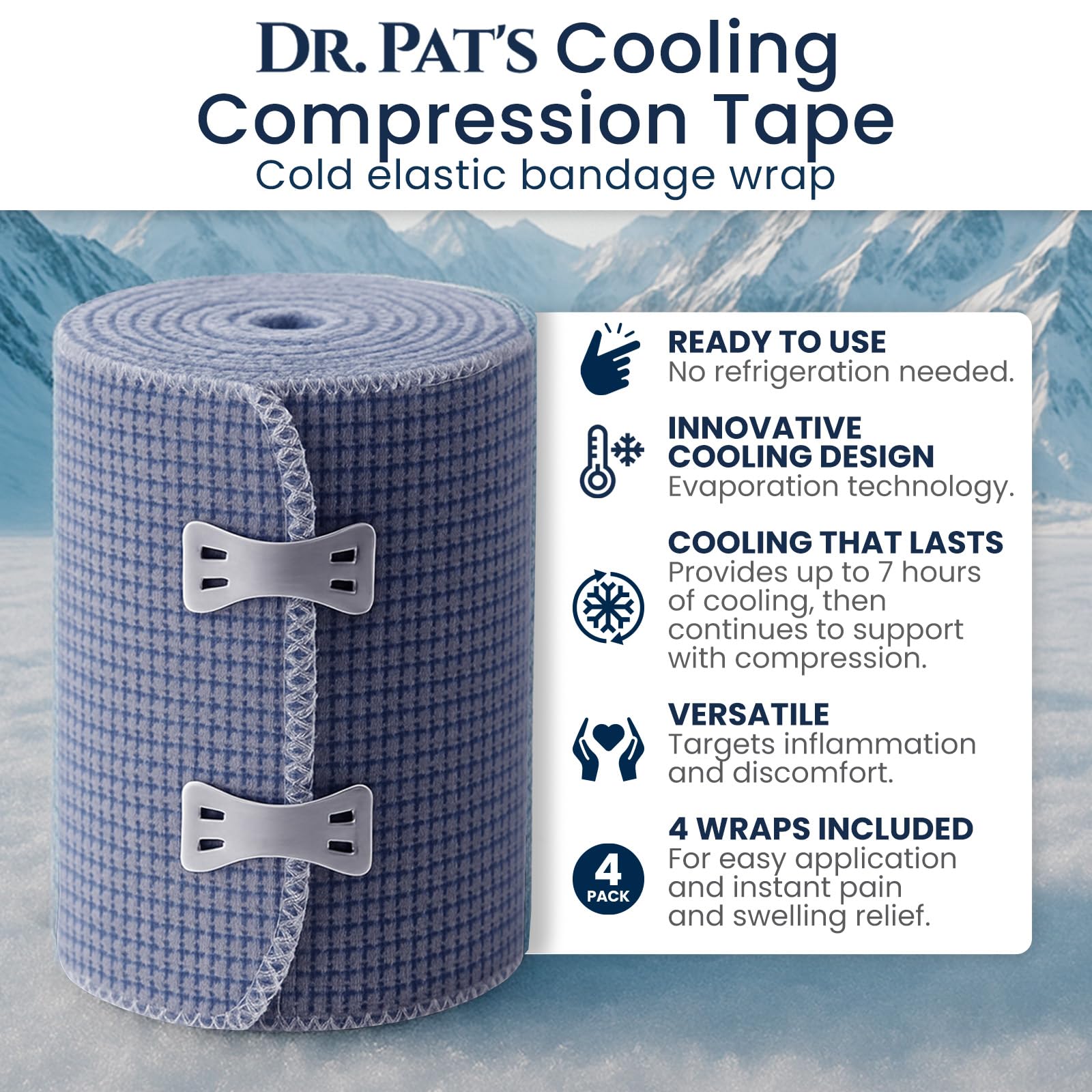Dr Pat's Ice Tape (4 Pack) - Cooling Bandage Wrap Athletic Tape - Compression Instant Cold Compress Wrap with Menthol - Elastic, Athletic for Sore Muscles, Pain Relief Now, Swelling, Recovery, Sports Dr. Pat's buy supplements Au