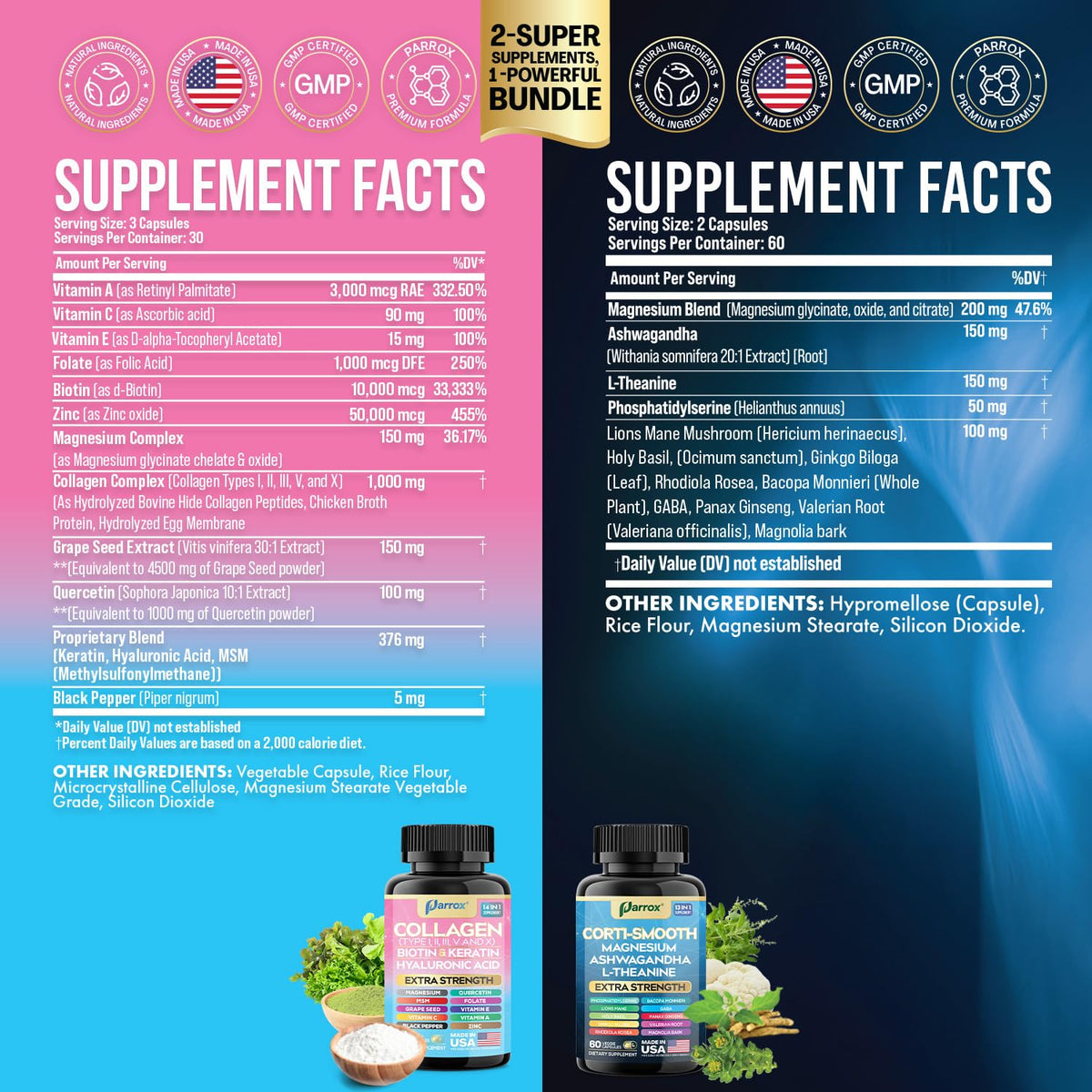 Parrox Shining Serenity Set, Cortisol Support with Ashwagandha, L-Theanine, Magnesium, Lions Mane, GABA, Bacopa Monnieri, Collagen I, II, III, V, X, Folate, Biotin, Keratin, Hyaluronic Acid, Quercetin ParroxBuy Supplements Australia