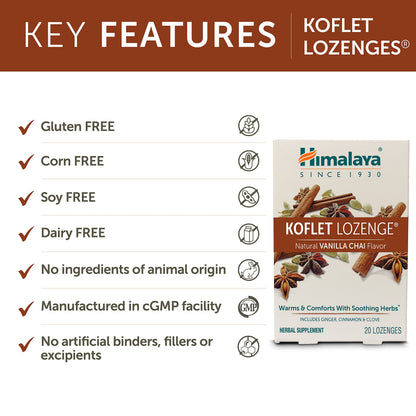 Himalaya Koflet Lozenges, Vanilla Chai Flavor, Natural Herbal Cough Drop for Warming Relief and Soothing Comfort, 130 mg, 20 Lozenge Himalaya buy supplements Au