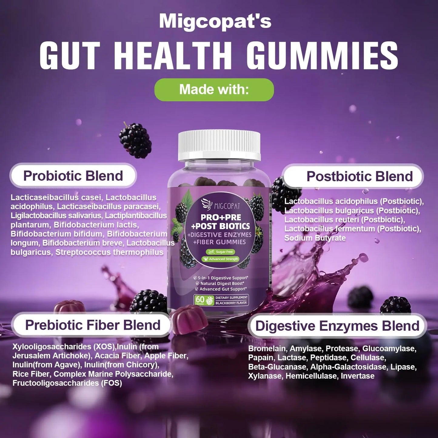 Migcopat Pre Post Probiotics Gummies, 5 in 1 Probiotic Prebiotic Postbiotic Digestive Enzymes with Fiber, 120 Billion CFU Probiotics Complete Gut Support, Sugar Free, Vegan, BlackBerry Flavor, 60 Cts MigcopatBuy Supplements Australia