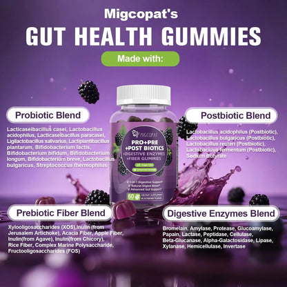Migcopat Pre Post Probiotics Gummies, 5 in 1 Probiotic Prebiotic Postbiotic Digestive Enzymes with Fiber, 120 Billion CFU Probiotics Complete Gut Support, Sugar Free, Vegan, BlackBerry Flavor, 60 Cts MigcopatBuy Supplements Australia