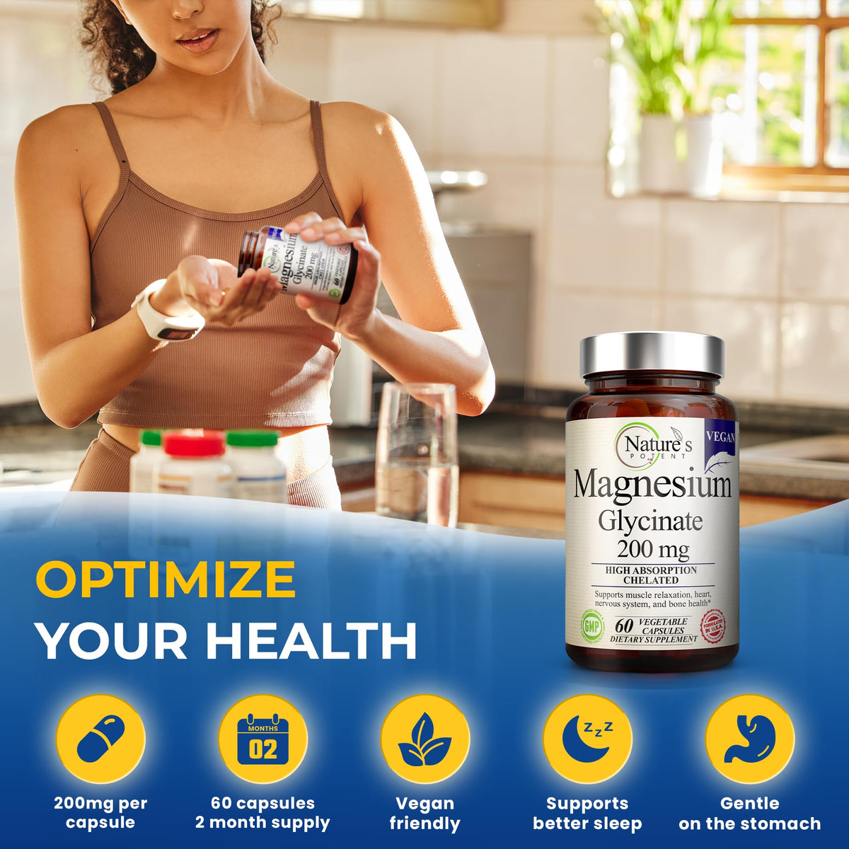 Nature’s Potent Magnesium Glycinate 200mg | High Absorption Chelated Magnesium | Sleep, Calm & Muscle Cramp Support | Vegan Supplement | 60 Capsules Nature's PotentBuy Supplements Australia