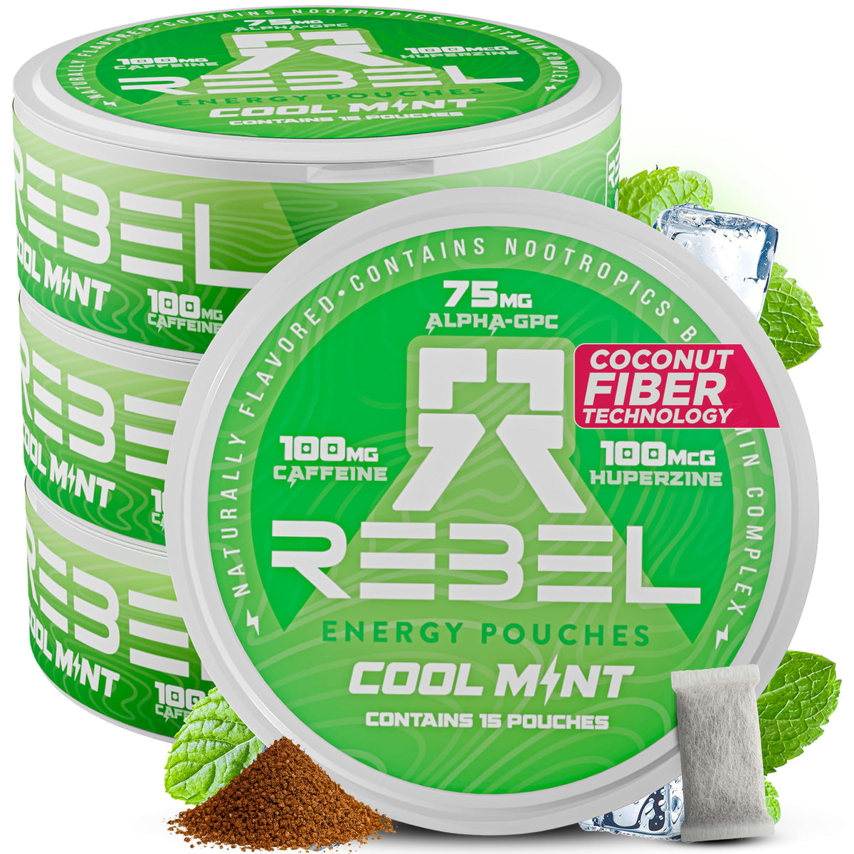 Rebel Nootropic Energy Caffeine Pouches (Cool Mint) • 100mg Caffeine • Alpha GPC • Huperzine A & Essential Vitamins • Sugar-Free • Coconut Fiber Technology • 15 Pouches Per Can (Pack of 4) Rebel SupplementsBuy Supplements Australia