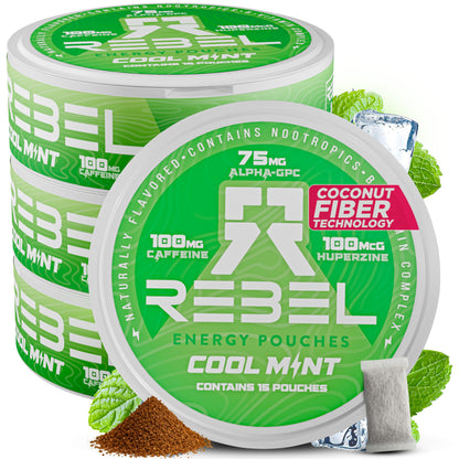 Rebel Nootropic Energy Caffeine Pouches (Cool Mint) • 100mg Caffeine • Alpha GPC • Huperzine A & Essential Vitamins • Sugar-Free • Coconut Fiber Technology • 15 Pouches Per Can (Pack of 4) Rebel SupplementsBuy Supplements Australia