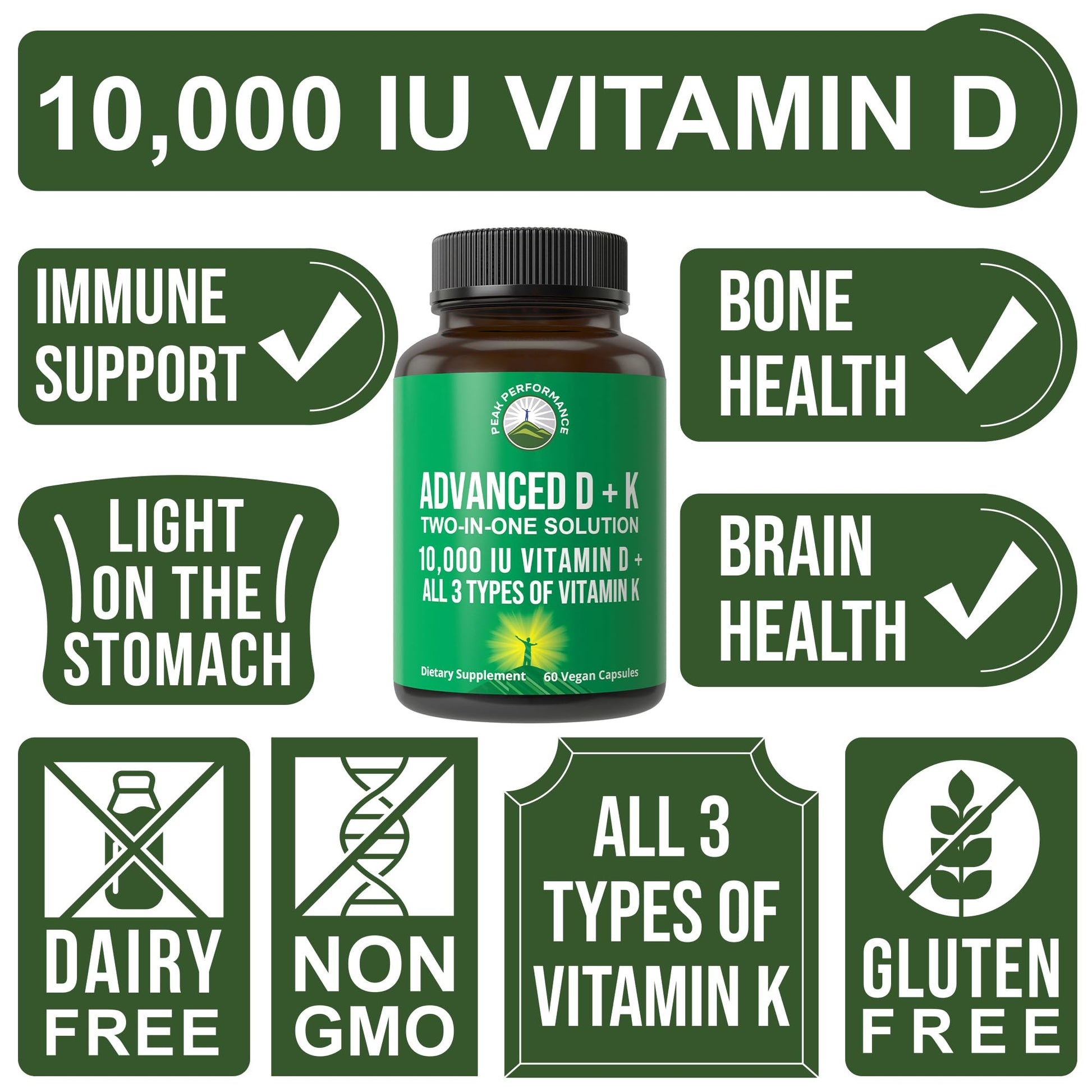 Peak Performance Advanced Vitamin D 10000 IU with All 3 Types of Vitamin K - 10,000 Vitamin D3 and Vitamin K2, K1, MK-7 (MK7), MK4 Capsules Supplement - 60 Small and Easy to Swallow Pills Peak PerformanceBuy Supplements Australia