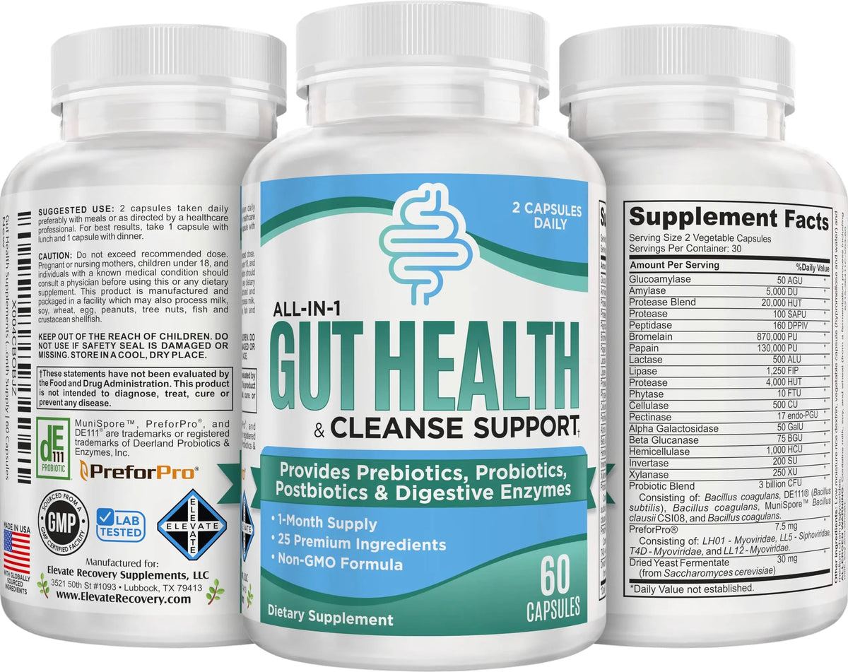 Gut Health Support Supplement (25-in-1) with Prebiotics, Probiotics, Postbiotics & Digestive Enzymes | Gut Supplements | 60 Capsules Elevate Recovery SupplementsBuy Supplements Australia